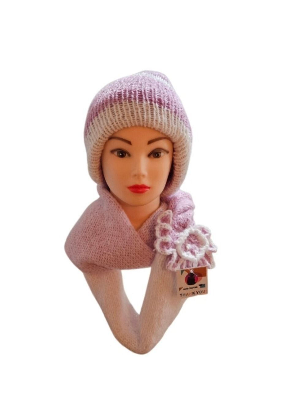 Hand Crafted 2pc Set Scaf & pom pom beanie purple crochet slauchy white striped